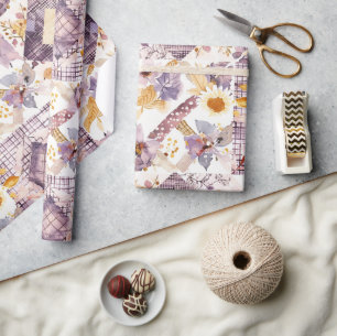 Lilac Yellow Quilt Gingham Cottagecore Floral Wrapping Paper