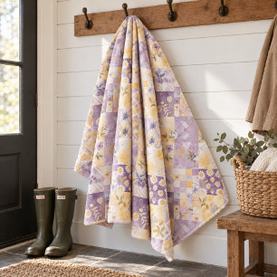 Lilac Yellow Quilt Patchwork Gingham Cottagecore Fleece Blanket