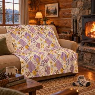 Lilac Yellow Quilt Patchwork Gingham Cottagecore Fleece Blanket