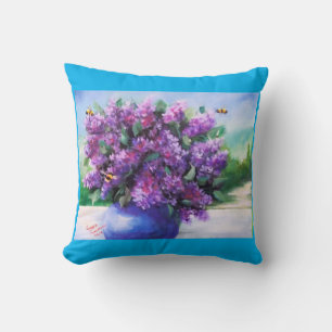 Lilacs and Bees Throw Pillow