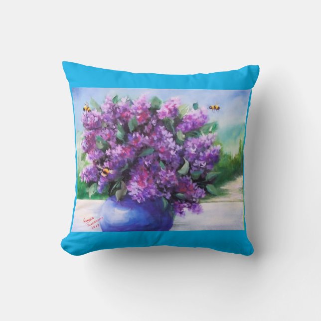 Lilacs and Bees Throw Pillow (Front)