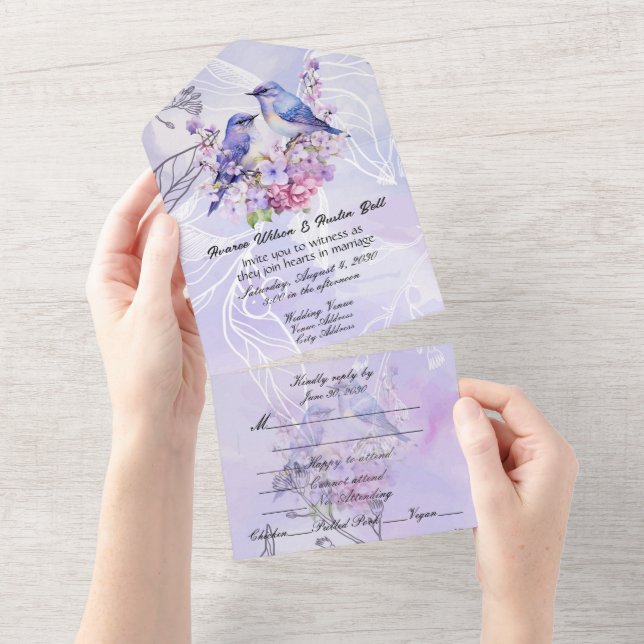 Lilacs and Bluebirds  All In One Invitation (Tearaway)