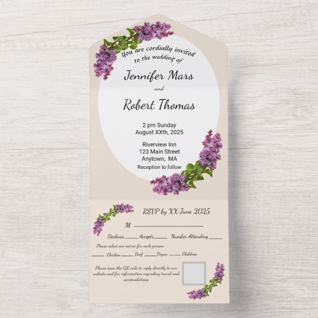 Lilacs and Cream All in One Wedding Invite (Inside)