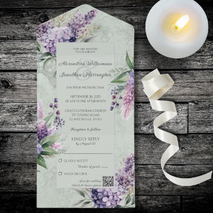 Lilacs and Heather on Marbled Sage Green  All In One Invitation