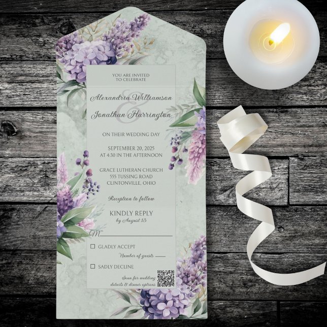 Lilacs and Heather on Marbled Sage Green  All In One Invitation (Creator Uploaded)