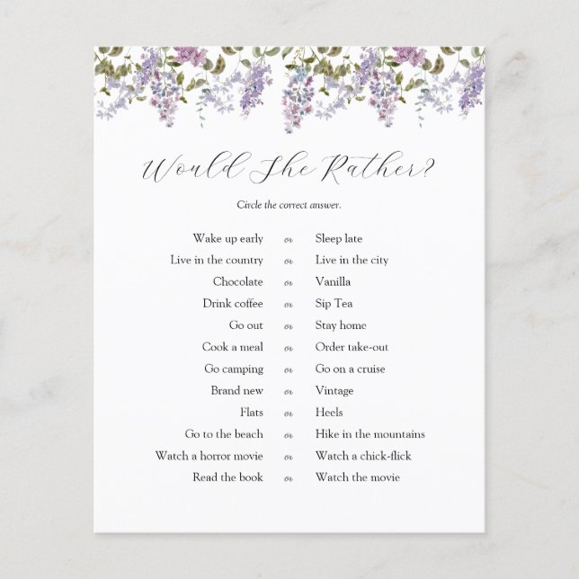 Lilacs and Lavender Bridal Would She Rather Game (Front)