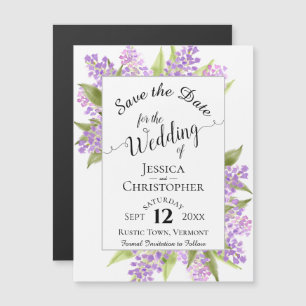 Lilacs & Calligraphy White Wedding Save the Date Magnetic Invitation