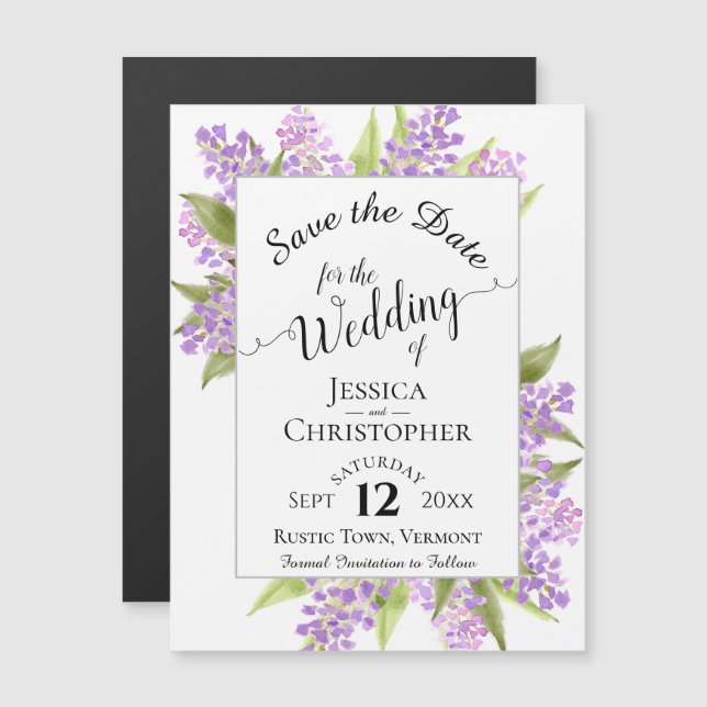 Lilacs & Calligraphy White Wedding Save the Date Magnetic Invitation (Front/Back)