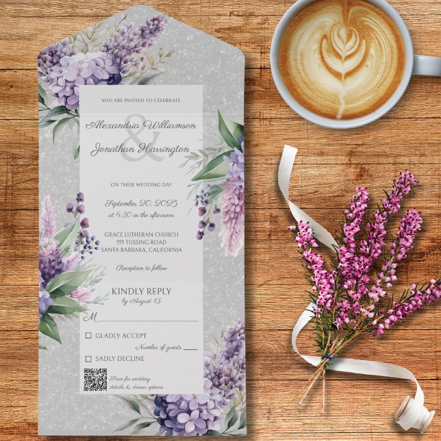 Lilacs & Heather on Grey with QR Code  All In One Invitation (Creator Uploaded)