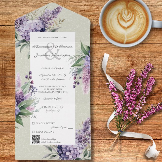 Lilacs & Heather on Sage Green with QR Code  All In One Invitation (Creator Uploaded)