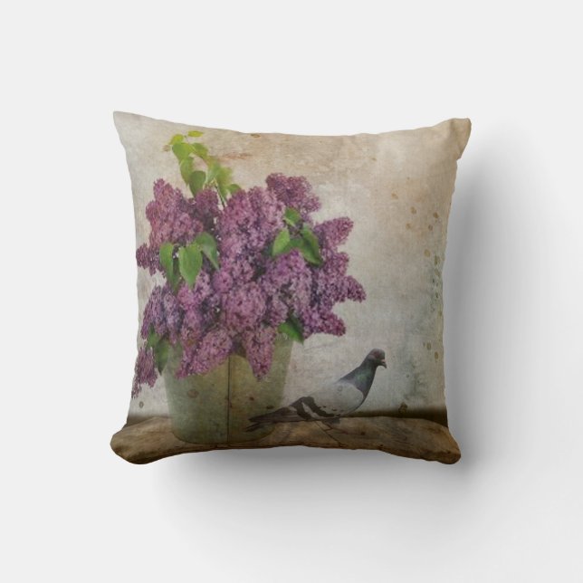 Lilacs in an old Rusty Bucket Throw Pillow (Front)