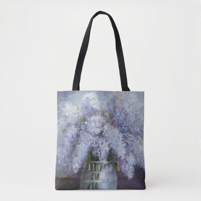 "Lilacs in Glass Jar" lavender garden tote bag (Front)