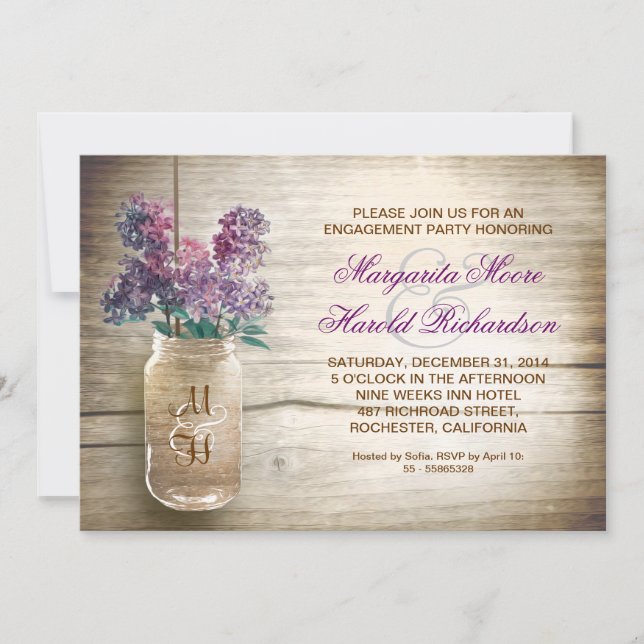 lilacs in mason jar rustic engagement party invite (Front)