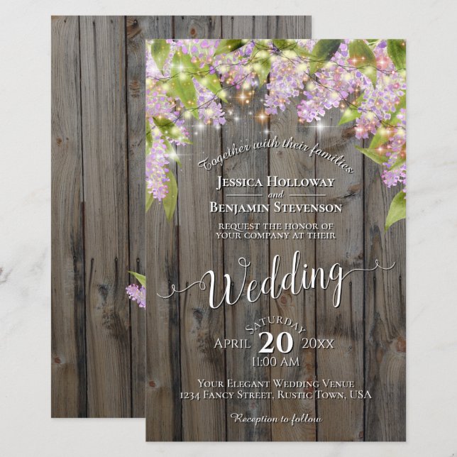 Lilacs & Lights on Wood BUDGET Wedding Invitation (Front/Back)