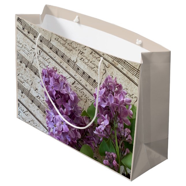 Lilacs on old sheet music large gift bag (Back Angled)