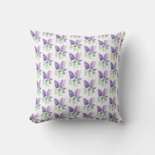 Lilacs Purple Flowers Watercolor Nature Pattern Throw Pillow
