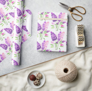 Lilacs Purple Flowers Watercolor Nature Pattern Wrapping Paper