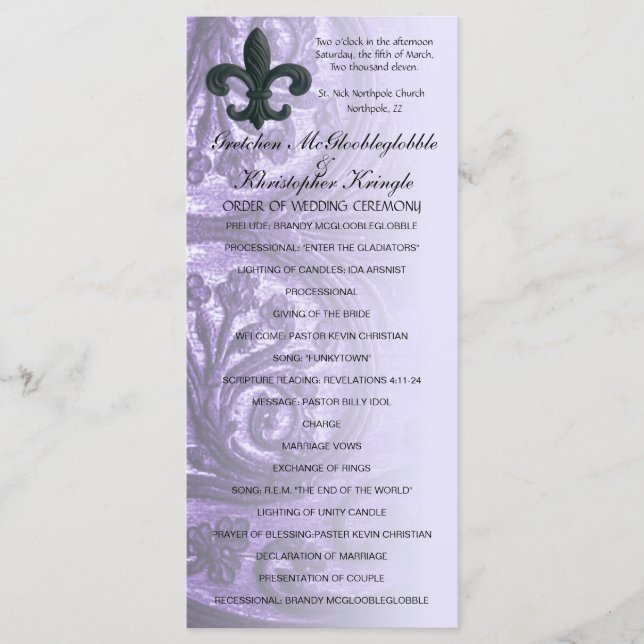 lilas "fer fleur de lis" PROGRAMME DE MARIAGE (Devant)