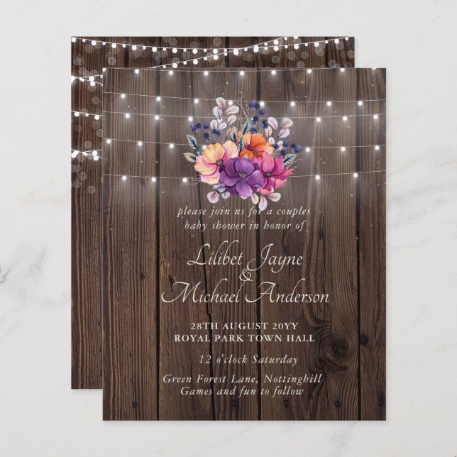 Lilibet Baby Shower Invite - Rustic Orange Purple (Front/Back)