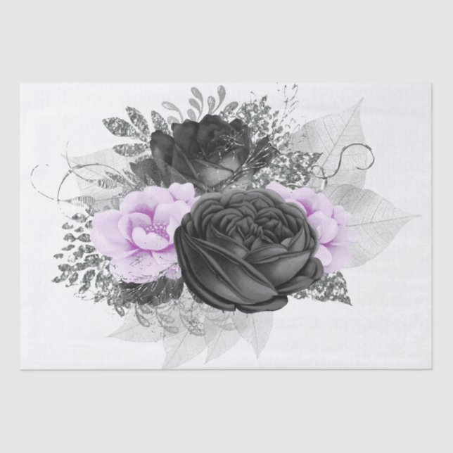 Lilic Black Silver Floral Bouquet Decoupage Tissue Paper (Front)