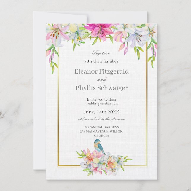 Lilies Bird Watercolor Wedding Invitation (Front)