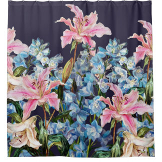 Lilies, delphiniums border: watercolor painting.