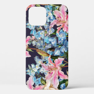 Lilies, delphiniums border: watercolor painting. iPhone 12 case