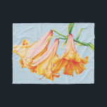 Lilies fine art botanic bell lily flowers  fleece blanket<br><div class="desc">Delicate lily artwork print in orange and sky blue. Designed exclusively from "Lilies" created from original pencil and watercolour painting by Sarah Trett.</div>