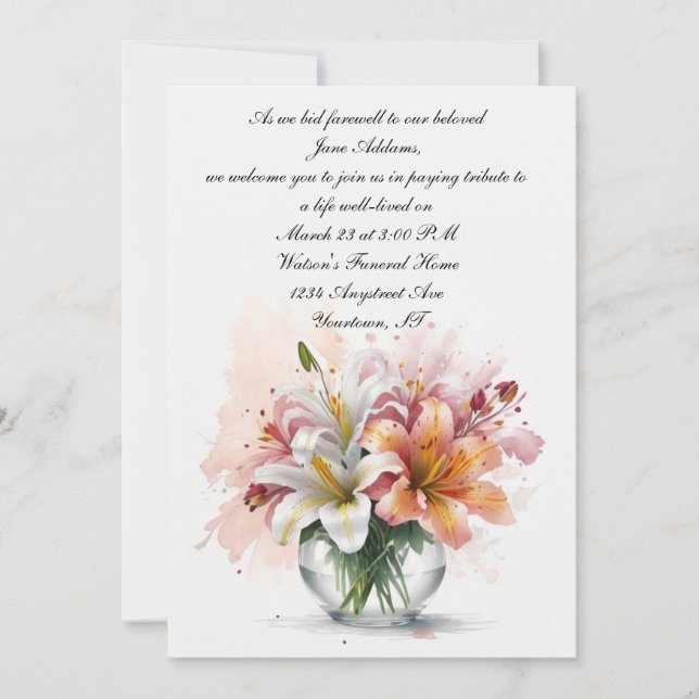 Lilies in a Bowl Watercolor Memorial Invitation (Front)