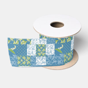 Lilies-of-the-Valley Blue Green Faux Patchwork Satin Ribbon