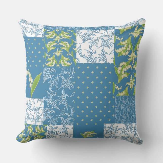 Lilies-of-the-Valley Faux Patchwork, Blue Throw Pillow (Front)