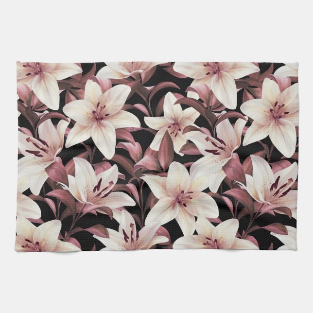 Lilies on black kitchen towel (Horizontal)