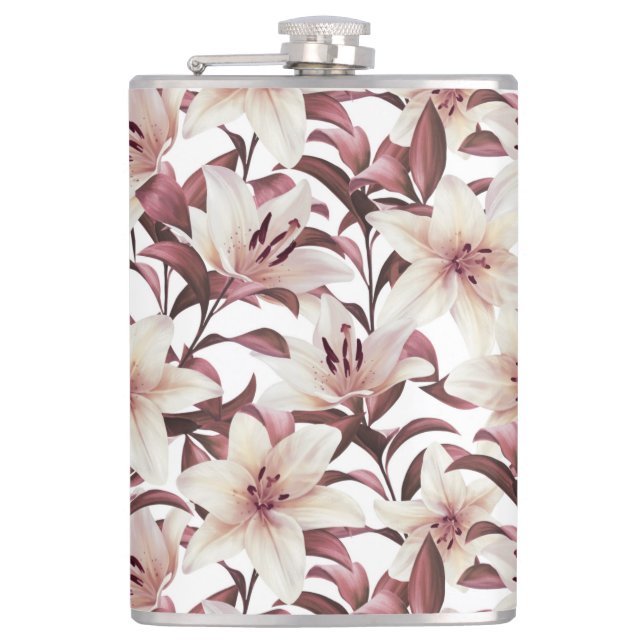 Lilies on white. Floral pattern Hip Flask (Front)