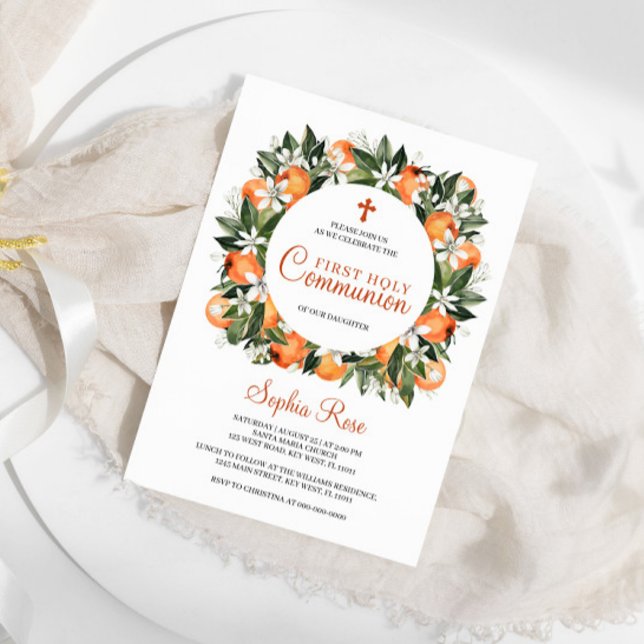 Lilies & Orange Floral First Holy Communion Invitation (Creator Uploaded)