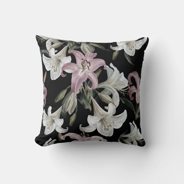 Lilies, pink white, floral pattern. throw pillow (Front)