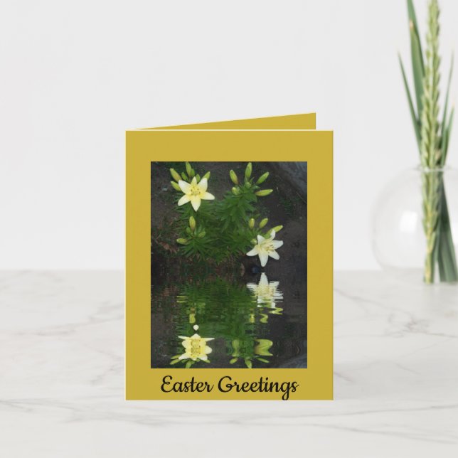 Lilies Reflected in Water Easter Greetings Golden Holiday Card (Front)