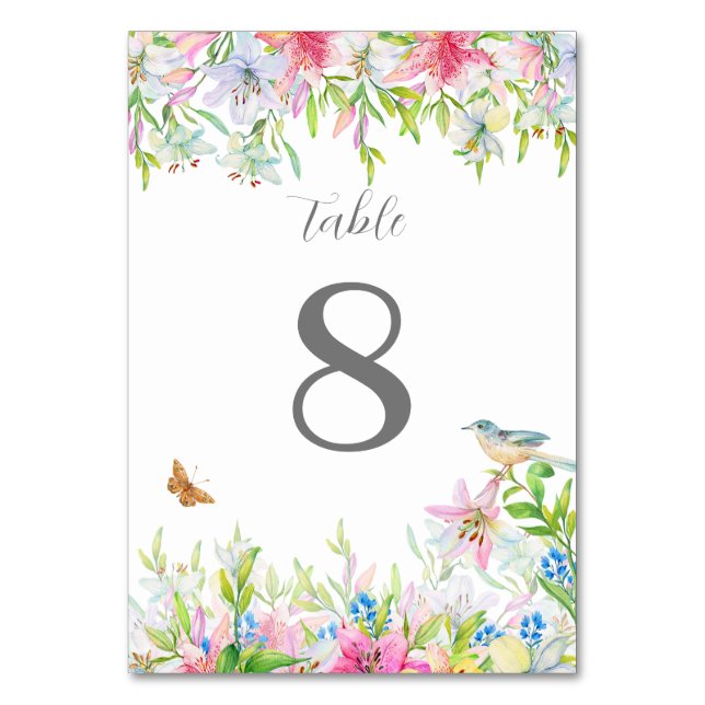 Lilies Watercolor Wedding Table Number (Front)