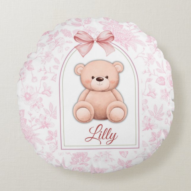 Lilly | Custom Pink Teddy Bear Nursery Design  Round Pillow (Front)
