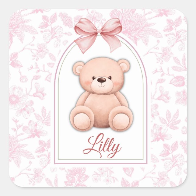 Lilly | Custom Pink Teddy Bear Nursery Design  Square Sticker (Front)