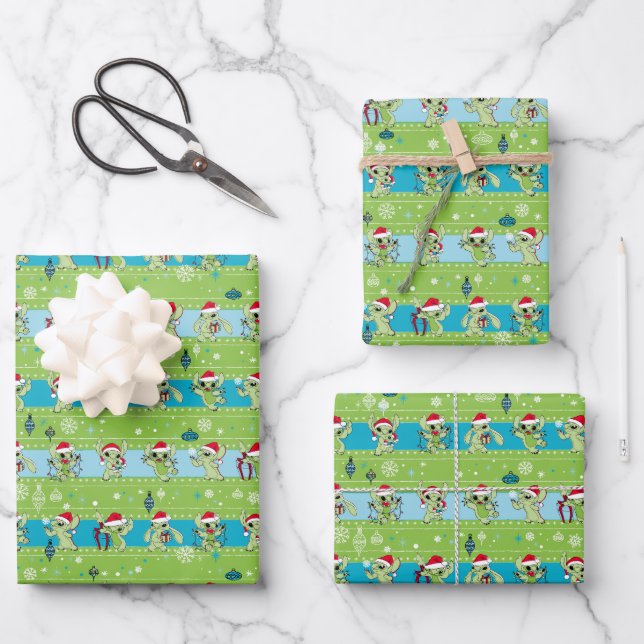 Lilo and Stitch | Stitch Green Holiday Pattern Wrapping Paper Sheet (Front)