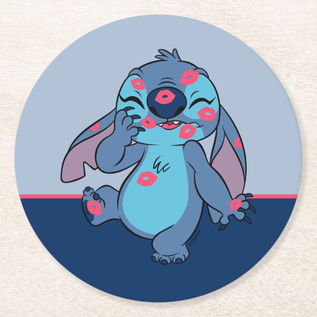 Lilo & Stitch | Stitch Covered in Kisses Round Paper Coaster (Front)