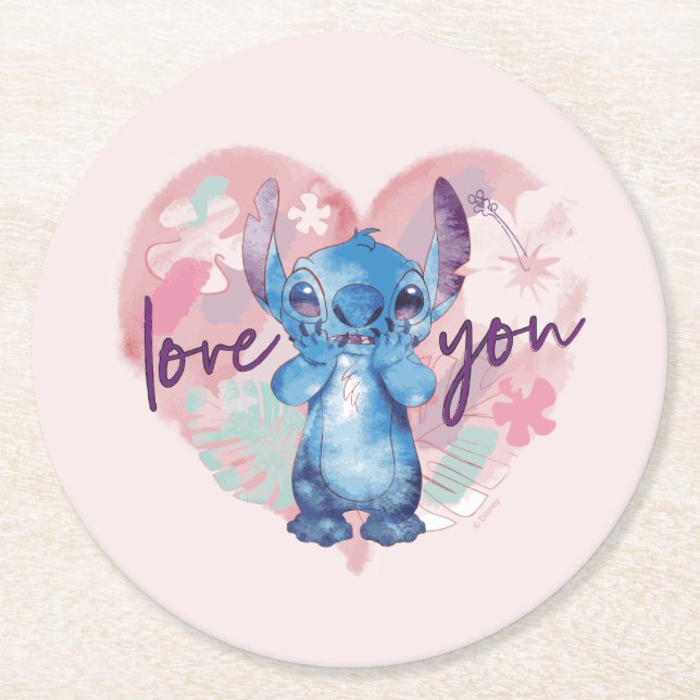 Lilo & Stitch | Stitch Watercolor Valentine Heart Round Paper Coaster (Front)