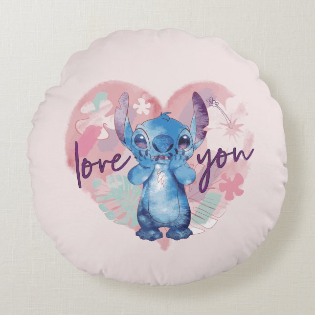 Lilo & Stitch | Stitch Watercolor Valentine Heart Round Pillow (Front)