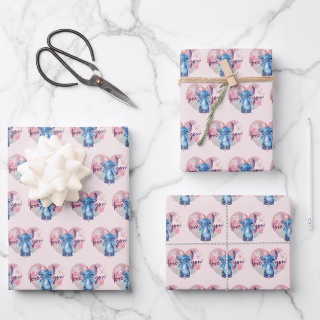 Lilo & Stitch | Stitch Watercolor Valentine Heart Wrapping Paper Sheet (Front)