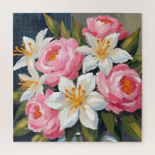 Lily and Rose Bouquet   Floral Watercolor Vase Jigsaw Puzzle