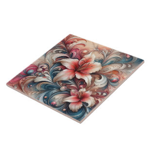 Lily Blossoms Amid Swirling Patterns Tile