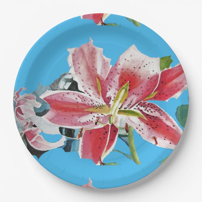 Lily blue lillies Floral flowers Party Paper Plate (Front)