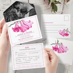 Lily botanical art pink wedding RSVP options All In One Invitation