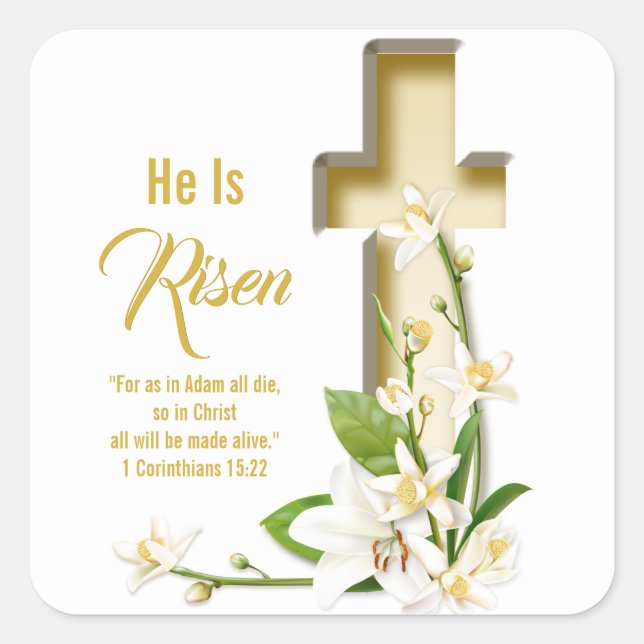 Lily Cross Scripture He Is Risen Square Sticker (Front)