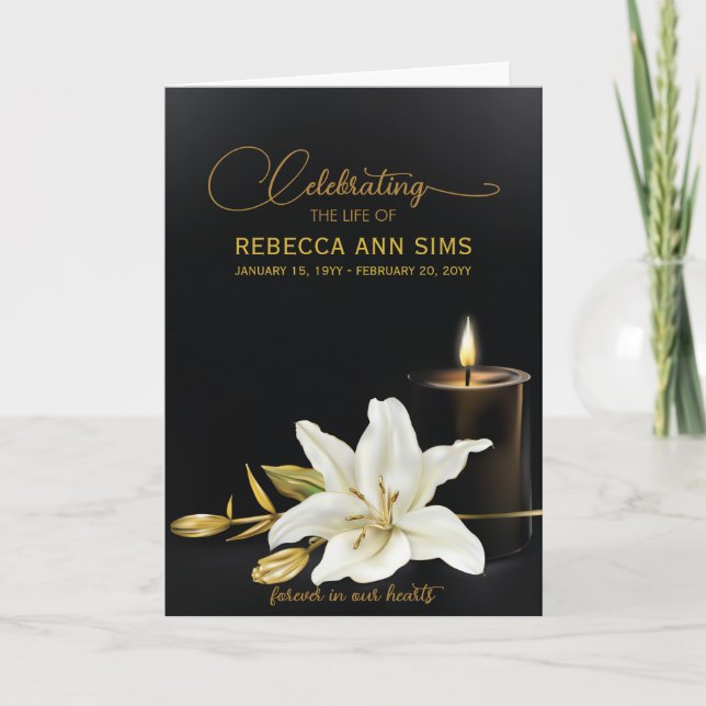 Lily Floral Black and Gold Funeral Program (Front)